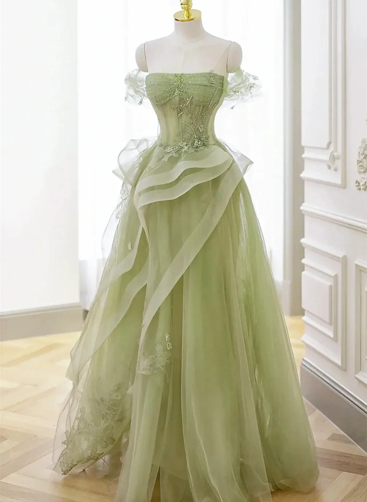 Cute Light Green A-line Beaded Tulle Party Dress, Light Green Long Prom Dress TP1192