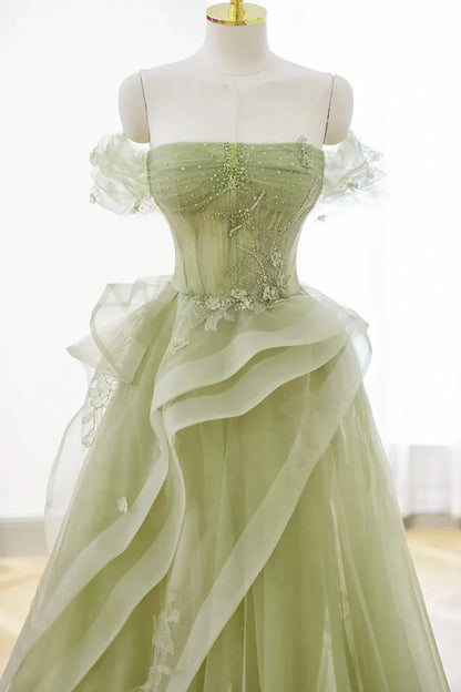 Cute Light Green A-line Beaded Tulle Party Dress, Light Green Long Prom Dress TP1192