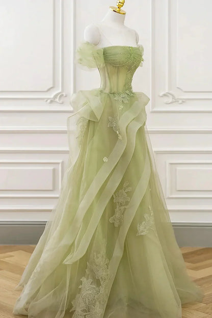 Cute Light Green A-line Beaded Tulle Party Dress, Light Green Long Prom Dress TP1192
