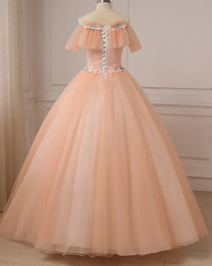 Pink Flowers Tulle Off Shoulder Party Dress, Pink Tulle Sweet 16 Dress TP1206