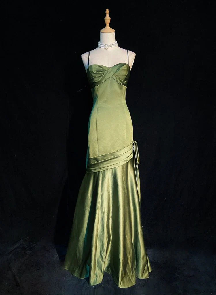 Green Satin Sweetheart Straps Long Evening Dress, Green Wedding Party Dress TP1207