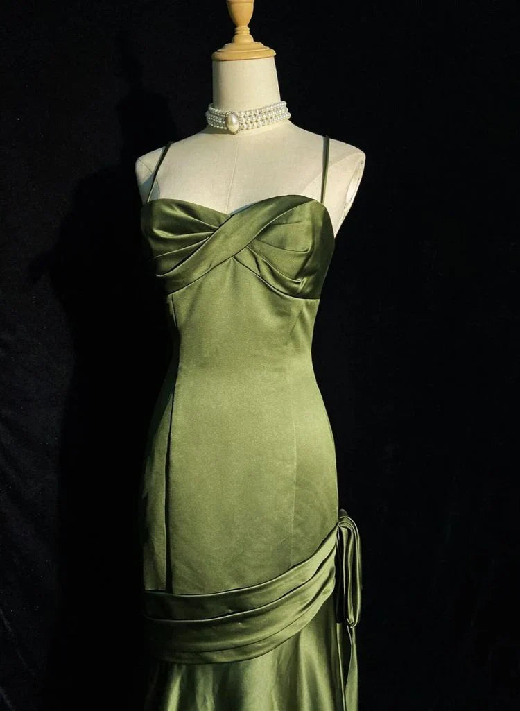 Green Satin Sweetheart Straps Long Evening Dress, Green Wedding Party Dress TP1207
