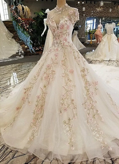 Ivory Tulle High Neckline Tulle With 3D Flower Lace Wedding Dress, Ivory Sweet 16 Dress TP1211