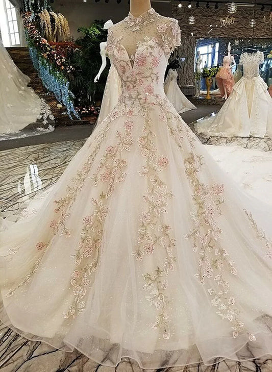 Ivory Tulle High Neckline Tulle With 3D Flower Lace Wedding Dress, Ivory Sweet 16 Dress TP1211