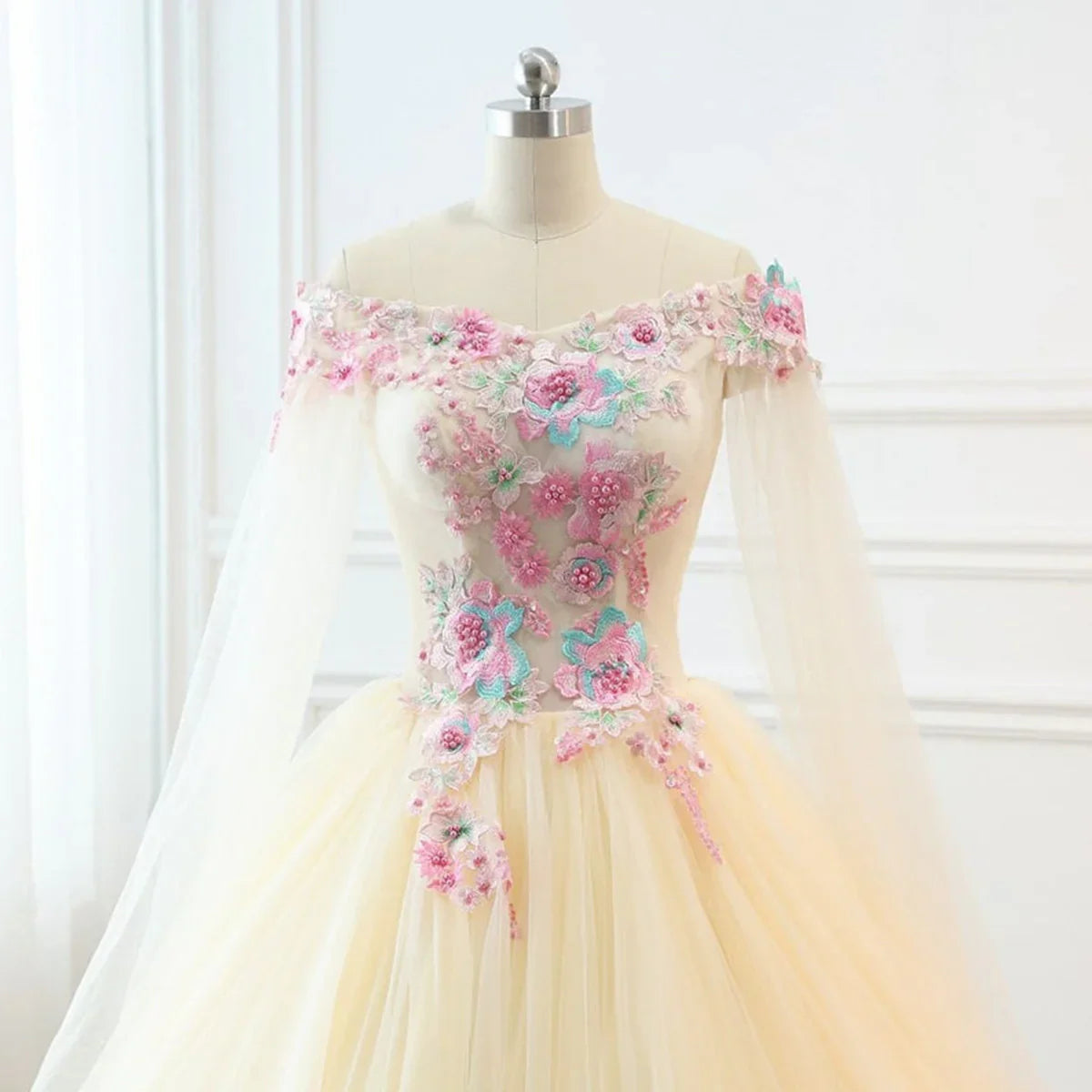 Light Champagne Off Shoulder Sweet 16 Dress, Champagne Tulle Long Formal Dress TP1213