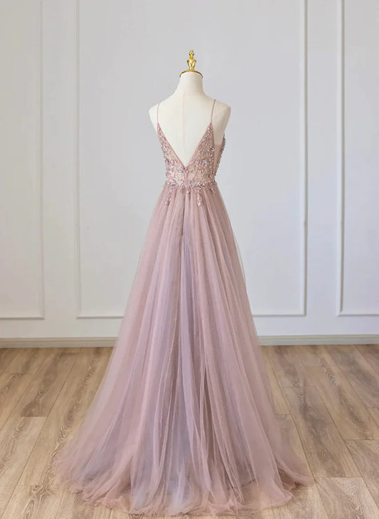 Lovely Pink V-neckline Beaded Straps Floor Length Party Dress, Pink Long Prom Dress TP1219