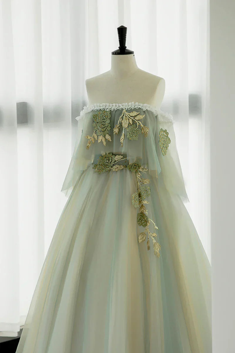 Light Green Off Shoulder Tulle with Lace Long Formal Dress, Light Green A-line Prom Dress TP1225