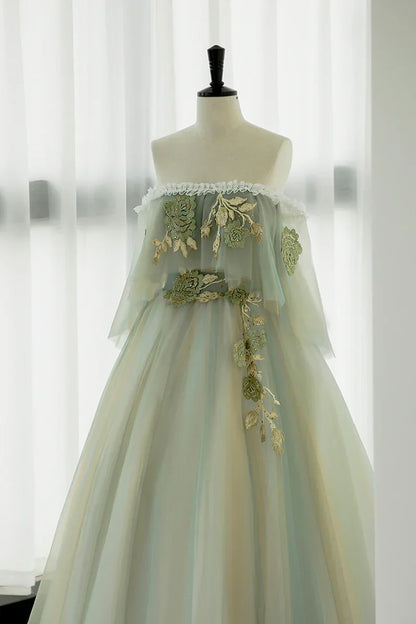 Light Green Off Shoulder Tulle with Lace Long Formal Dress, Light Green A-line Prom Dress TP1225