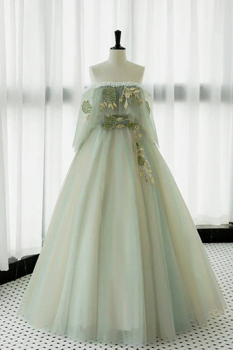 Light Green Off Shoulder Tulle with Lace Long Formal Dress, Light Green A-line Prom Dress TP1225