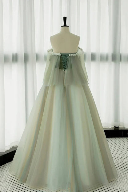 Light Green Off Shoulder Tulle with Lace Long Formal Dress, Light Green A-line Prom Dress TP1225