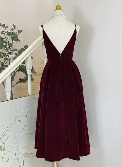 Wine Red V Neck Tea Length Party Dress, Wine Red Velvet Wedding Party Dress TP1227