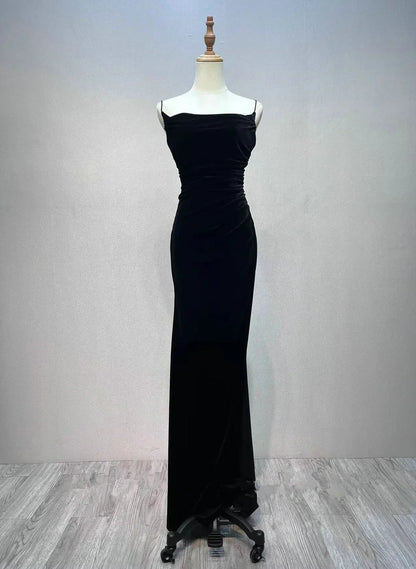 Black A-line Velvet with Lace Long Party Dress, Black Straps Prom Dress Formal Dress TP1228