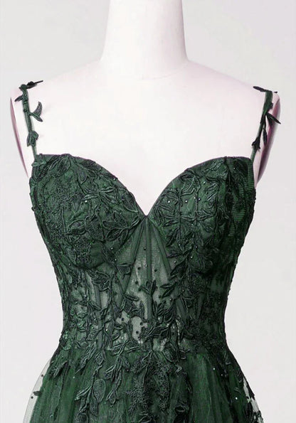 Green A-line Tulle with Lace Applique Long Party Dress, Green Floor Length Prom Dress TP1231