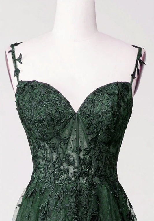 Green A-line Tulle with Lace Applique Long Party Dress, Green Floor Length Prom Dress TP1231