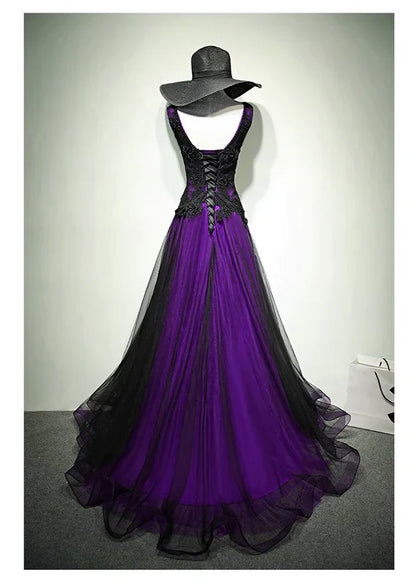 Black And Purple Tulle V-Neckline Beaded Prom Dress, Long Tulle Formal Dress Evening Dress TP1232