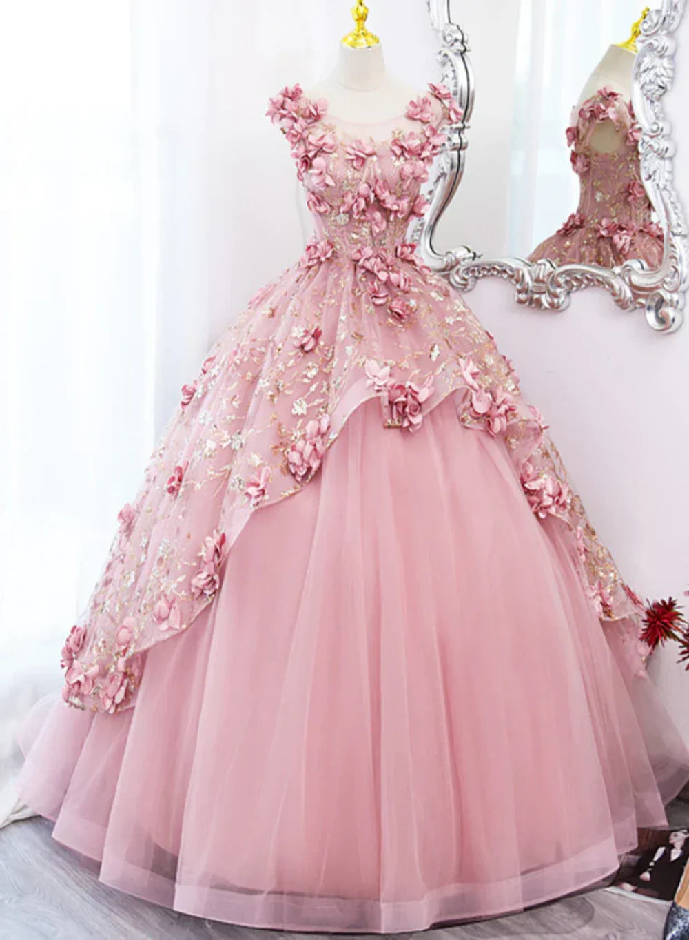 Pink Tulle Long Party Dress With Flowers, Pink Tulle Sweet 16 Dress Formal Dress TP1236