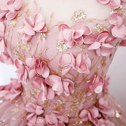 Pink Tulle Long Party Dress With Flowers, Pink Tulle Sweet 16 Dress Formal Dress TP1236