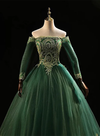 Off the Shoulder Dark Green Formal Dress, Dark Green Tulle Party Dress Evening Dress TP1240