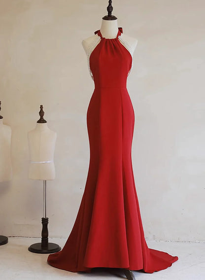 Simple Pretty Red Halter Mermaid Long Formal Dress, Red Long Evening Dress Prom Dress TP1246
