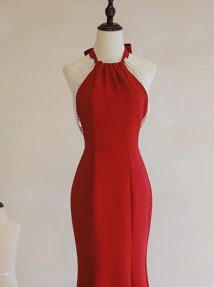 Simple Pretty Red Halter Mermaid Long Formal Dress, Red Long Evening Dress Prom Dress TP1246