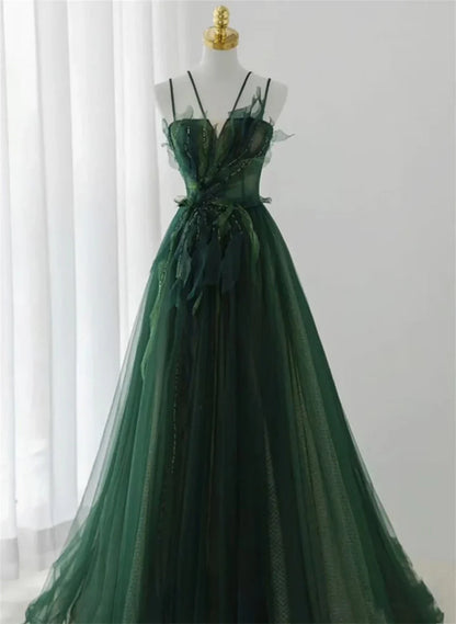 Green Straps Tulle Long A-line Party Dress, Green Floor Length Prom Dress TP1254