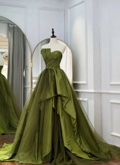 Green Satin and Tulle Long Formal Dress Party Dress, Green Ruffle Tiered Prom Dresses TP1255