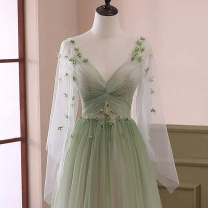 Green Gradient Puffy Sleeves Long Party Dress, A-line Beaded Prom Dress TP1257