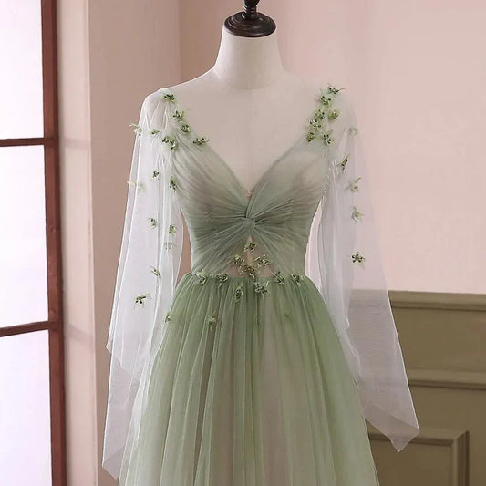 Green Gradient Puffy Sleeves Long Party Dress, A-line Beaded Prom Dress TP1257