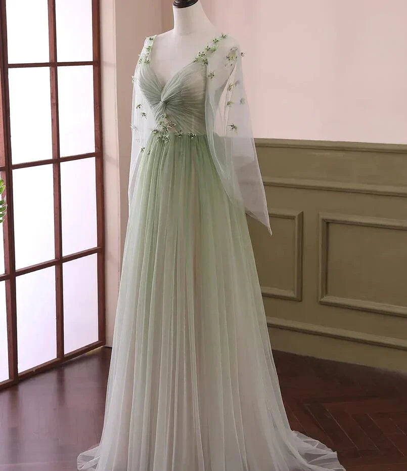 Green Gradient Puffy Sleeves Long Party Dress, A-line Beaded Prom Dress TP1257
