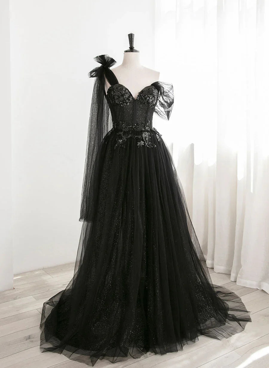 Black One Shoulder Tulle and Sequins Long Party Dress, Black Formal Dress TP1262