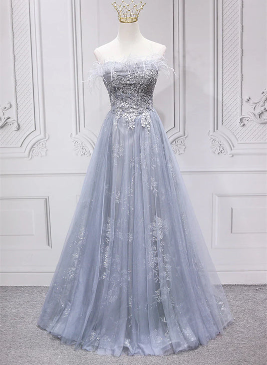 Sliver Grey Tulle with Lace Long Party Dress, Light Grey Bridesmaid Dress TP1263
