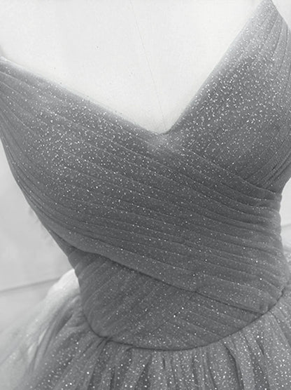 Light Grey Tulle Ball Gown Long V-neckline Formal Dress, Grey Wedding Party Dress TP1264