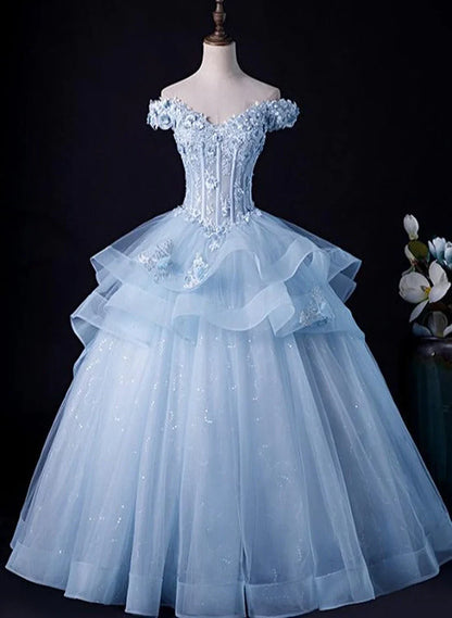 Light Blue Ball Gown Off Shoulder with Lace Sweet 16 Dress, Blue Formal Dress TP1265
