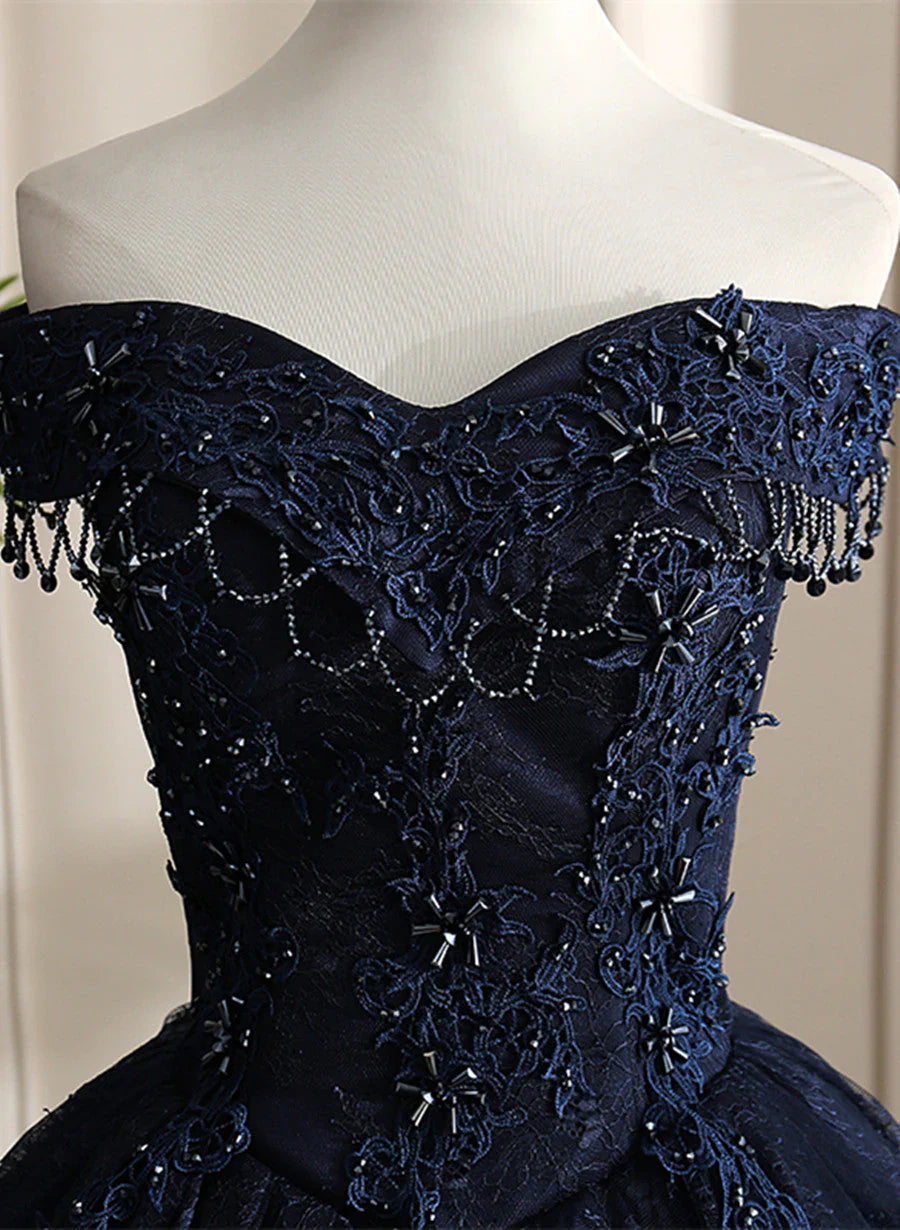 Glam Navy Blue Lace Ball Gown Sweet 16 Dress, Blue Long Wedding Party Dress TP1266