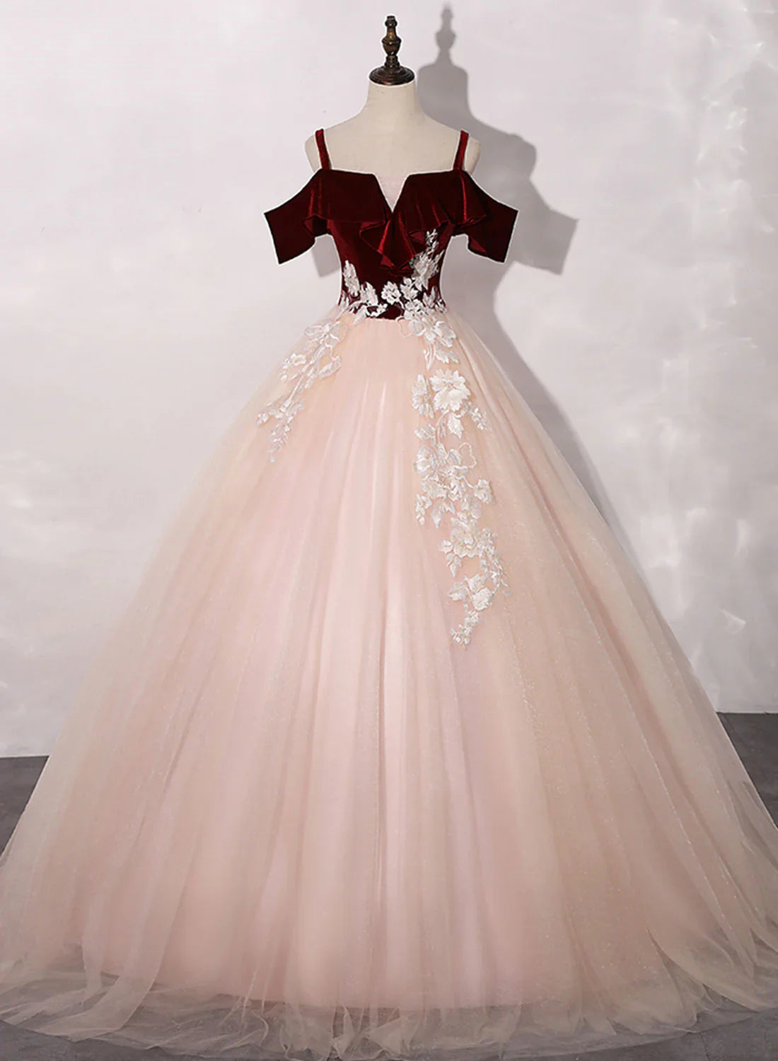 Pink and Wine Red Velvet and Tulle Party Dress, Ball Gown Formal Dress with Lace Applique TP1269