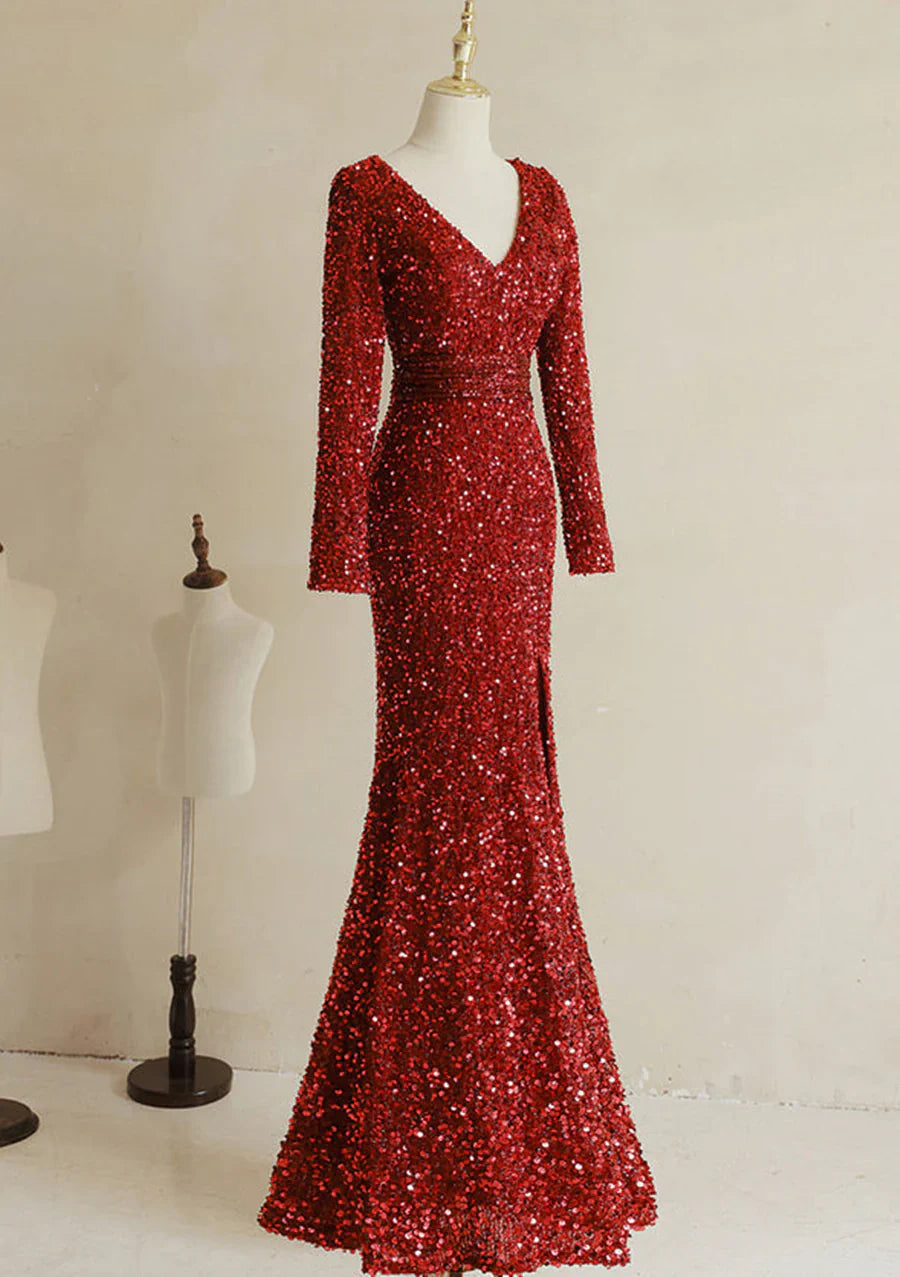 Wine Red Sequins Mermaid Long Sleeves Party Dress, Wine Red Long Prom Dress TP1281