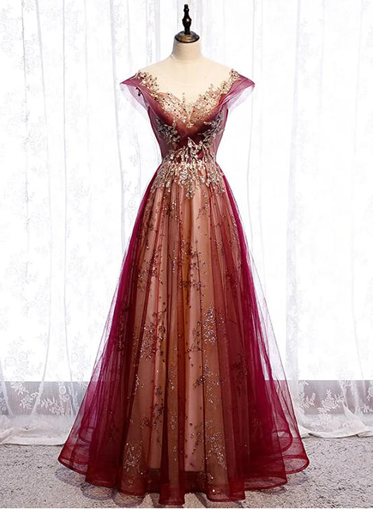 Gradient Wine Red Tulle Sweetheart A-Line Prom Dress, Charming Formal Dress TP1286