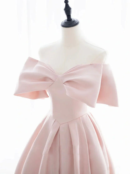 Pink Satin Sweetheart with Bow Party Dress, Pink Long Prom Dress TP1293
