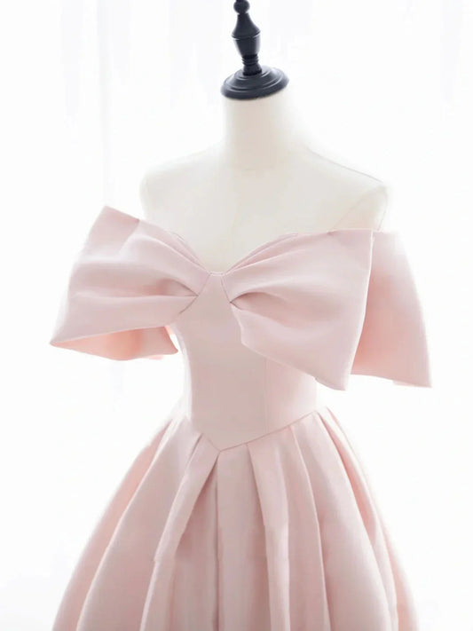 Pink Satin Sweetheart with Bow Party Dress, Pink Long Prom Dress TP1293