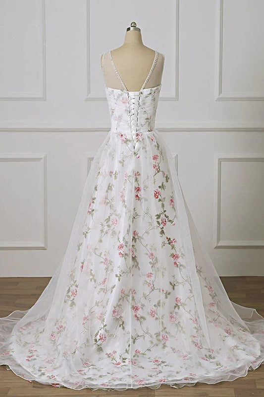 White Tulle Sweetheart Straps Floral Long Party Dress, White Evening Dress Prom Dress TP1298
