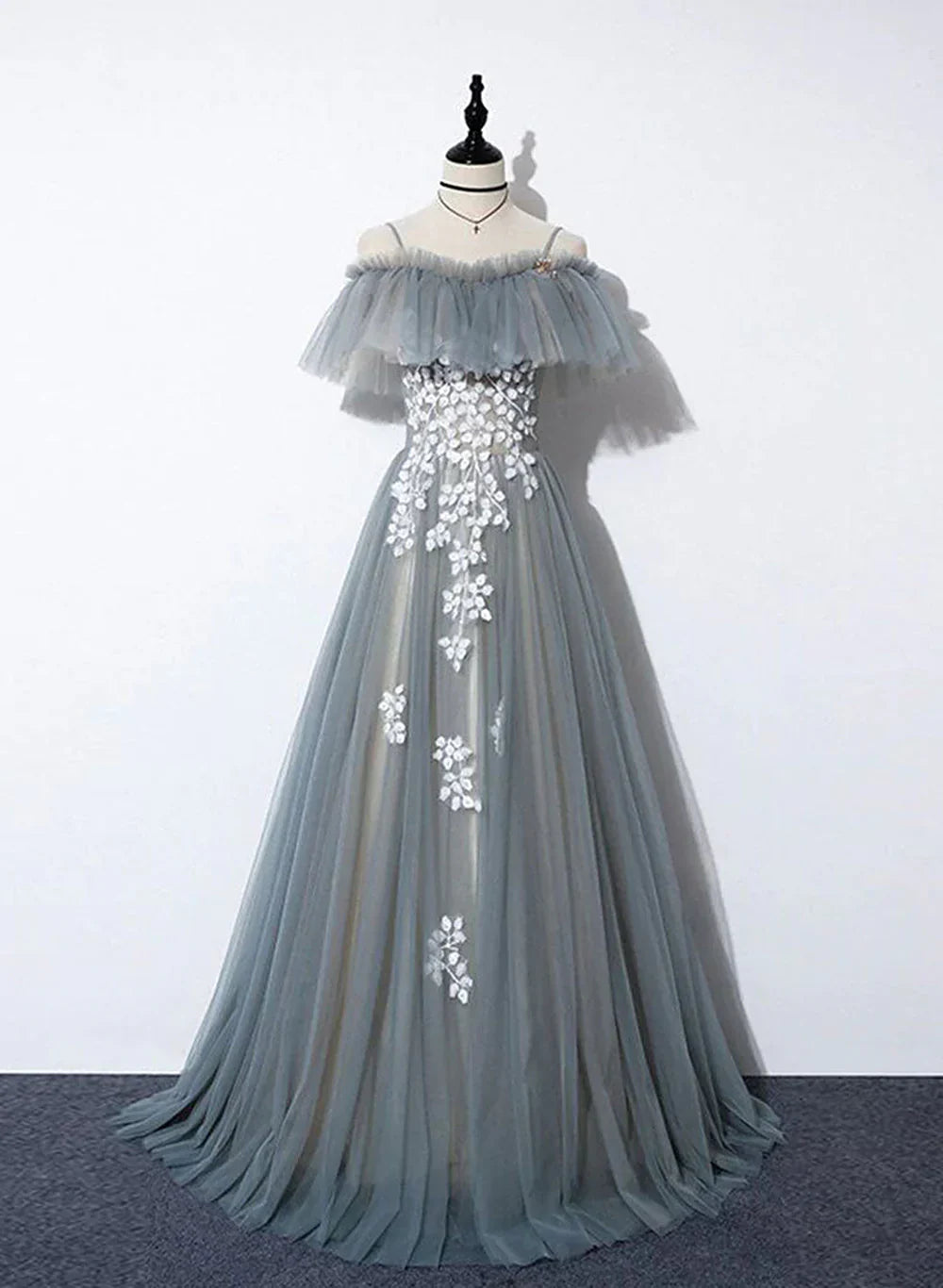 Grey Tulle with White Lace A-line Off Shoulder Party Dress, A-line Grey Evening Dress TP1299