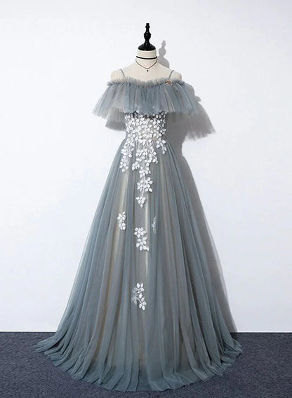 Grey Tulle with White Lace A-line Off Shoulder Party Dress, A-line Grey Evening Dress TP1299