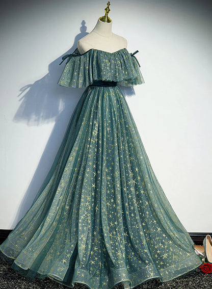 Green Off Shoulder A-line Tulle Long Formal Dress, Green Party Dress Prom Dress TP1315