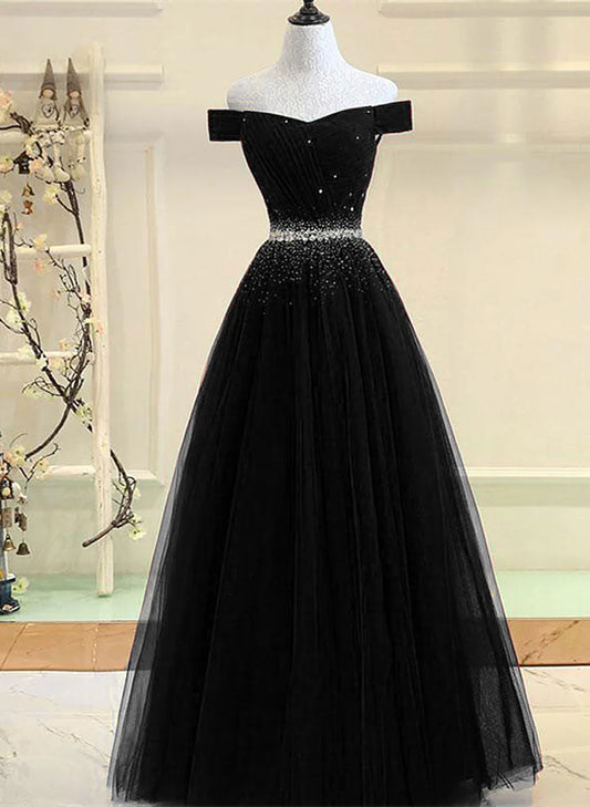 Black Beaded Off Shoulder Tulle Long Party Dress, Black A-line Prom Dress TP1319