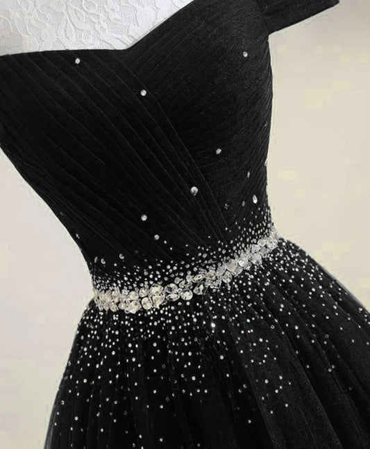 Black Beaded Off Shoulder Tulle Long Party Dress, Black A-line Prom Dress TP1319