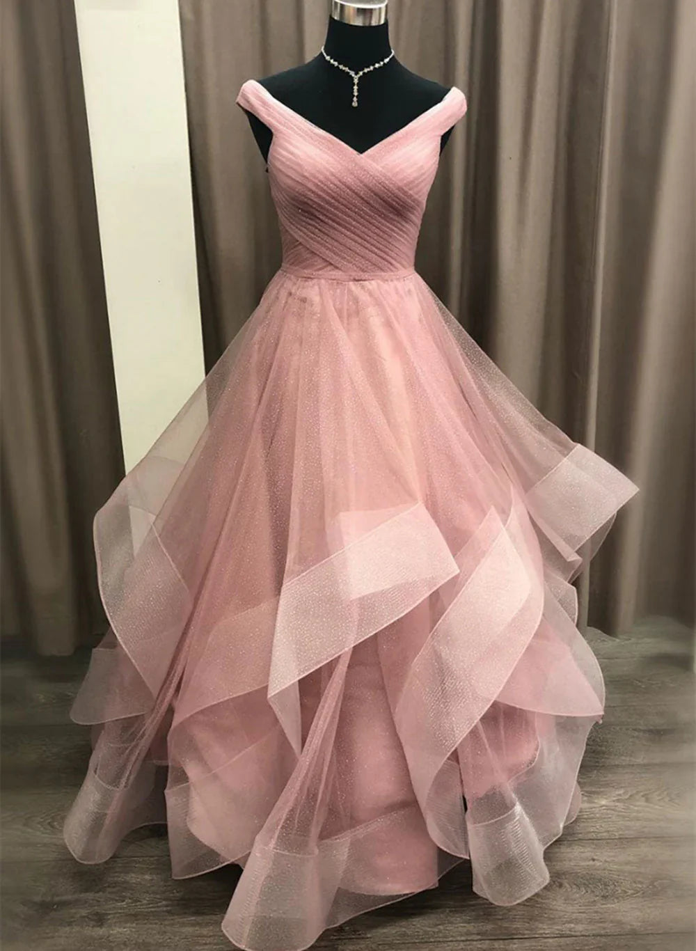 Pink Tulle Layers Long Formal Dress, Pink Tulle A-line Prom Dress TP1320