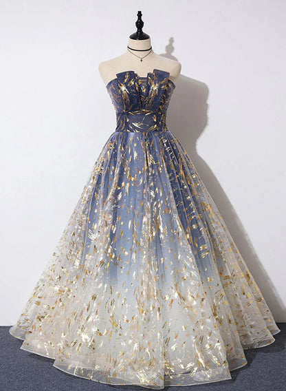 Blue Tulle A-line Gradient Long Formal Dress, A-line Blue Evening Dress Prom Dress TP1322