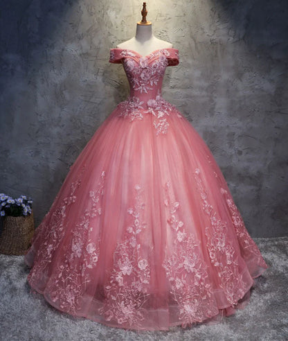Dark Pink Princess Flowers Off Shoulder Sweet 16 Dress, Pink Formal Gown TP1323