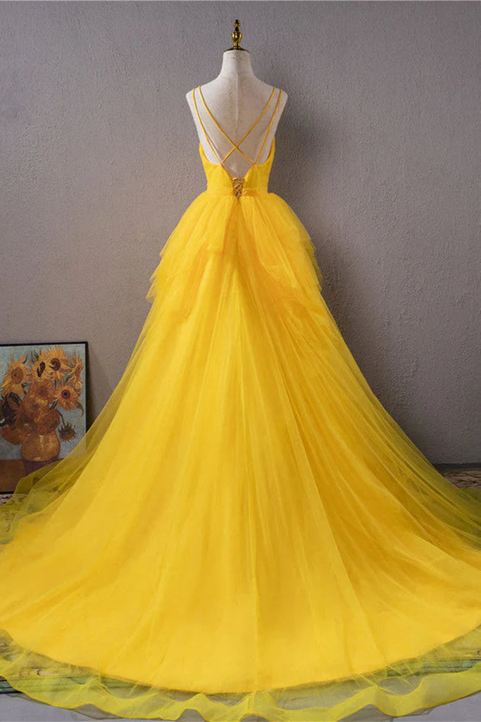 Light Yellow Layers Tulle Long Party Dress, High Low Yellow Formal Evening Dress TP1326