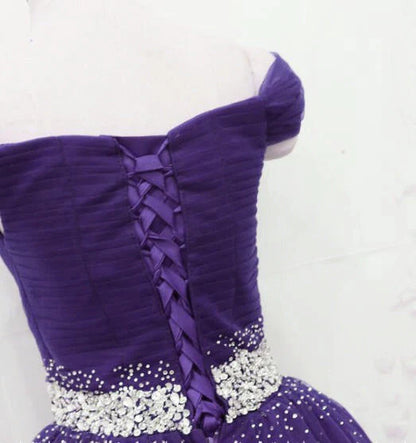 Dark Purple Tulle Beaded Off Shoulder Party Dress, Purple A-line Prom Dress TP1327